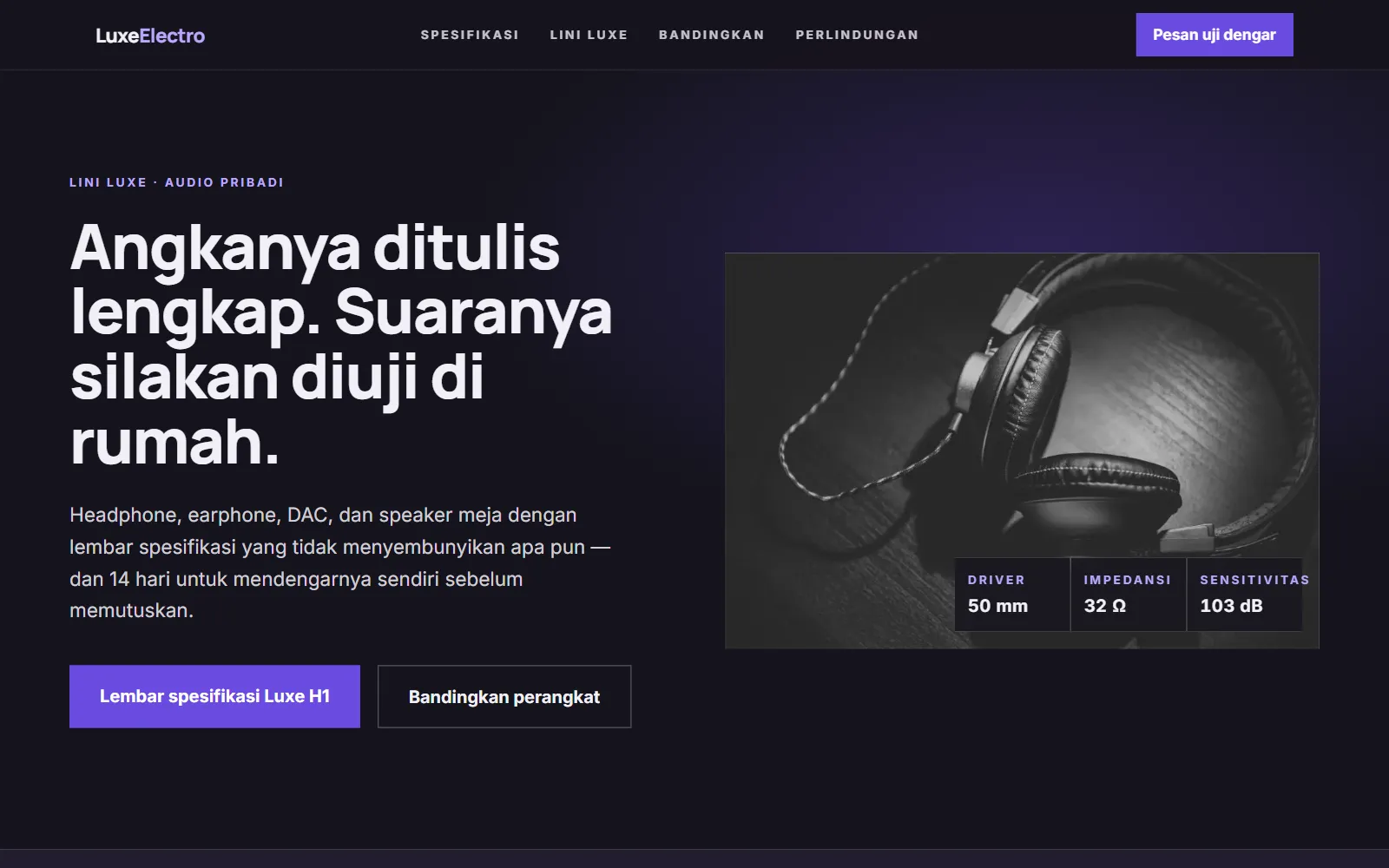 Tampilan layar pertama template LuxeElectro