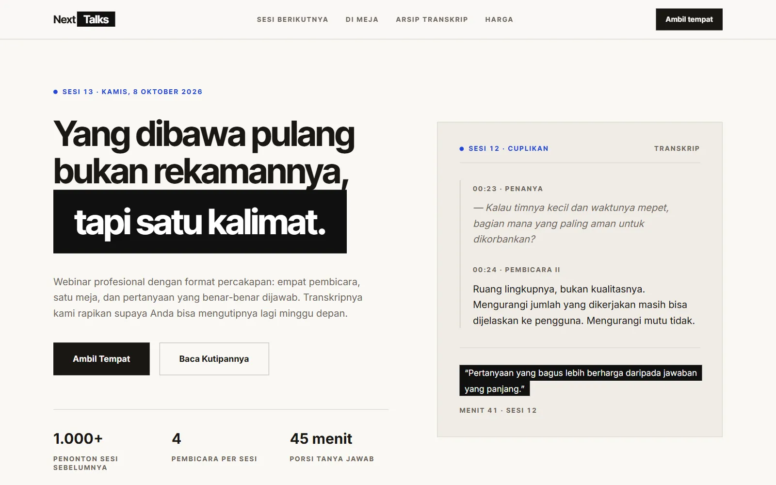 Tampilan layar pertama template NextTalks