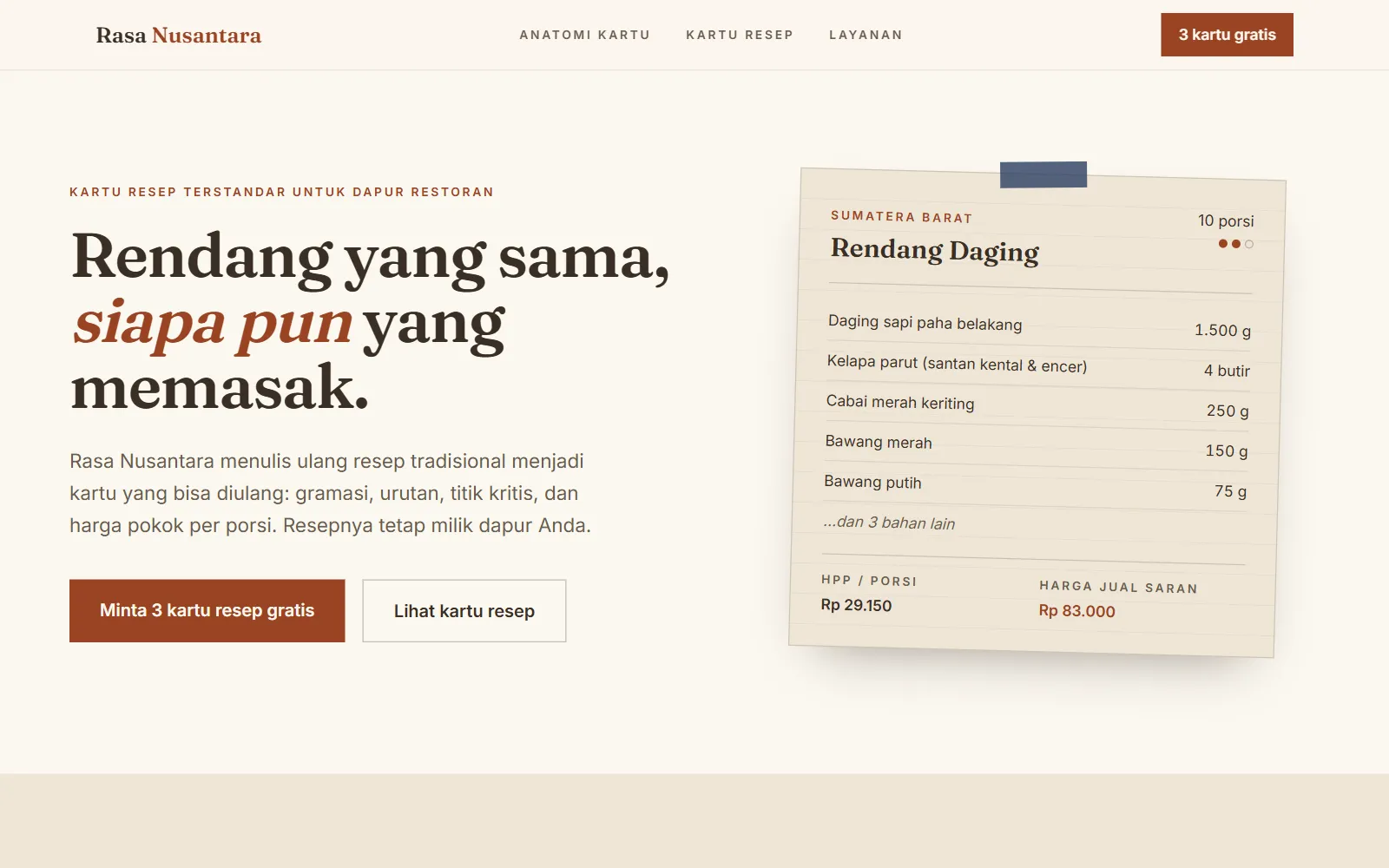 Tampilan layar pertama template Rasa Nusantara